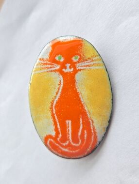 Vintage Oval Enamel on Copper Brooch Orange Cat Mid Century